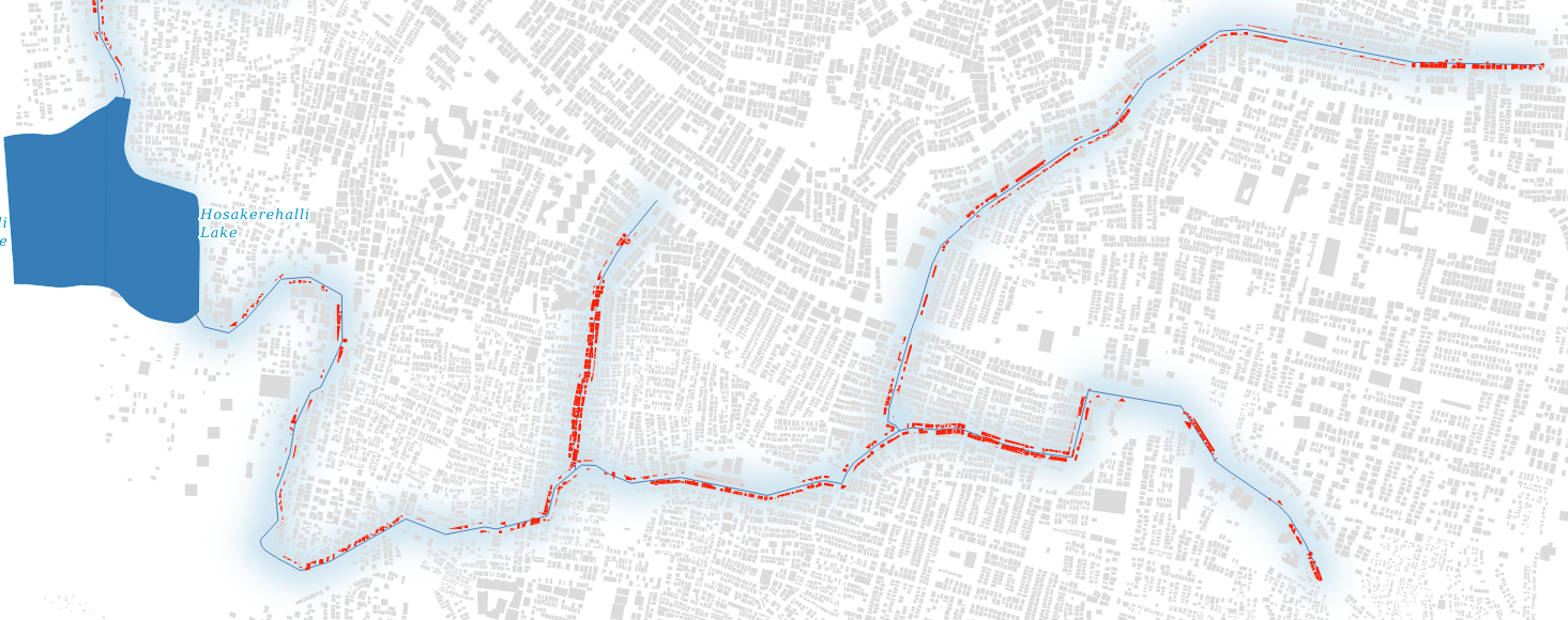In the above figure, the blue line represents the kaluve and the buildings inred are those that lie in a buffer zone of 50m