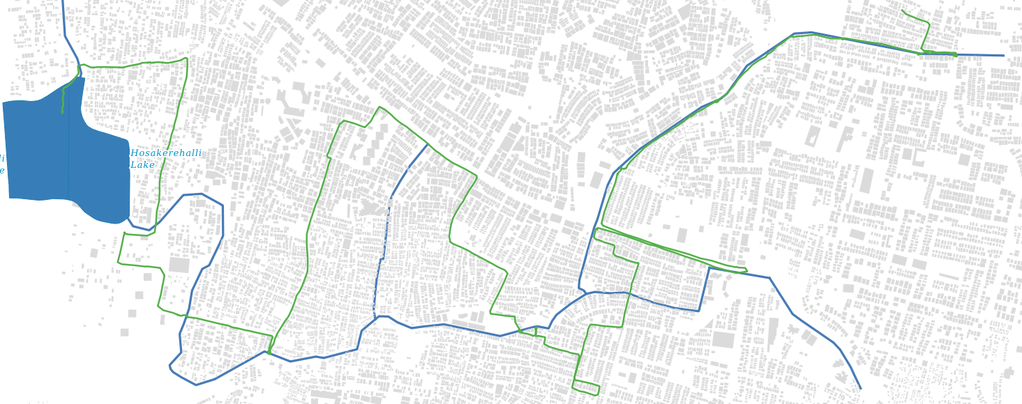 In the above figure the blue line depicts the route of the kaluve and the green line depicts the author&rsquo;s path by road