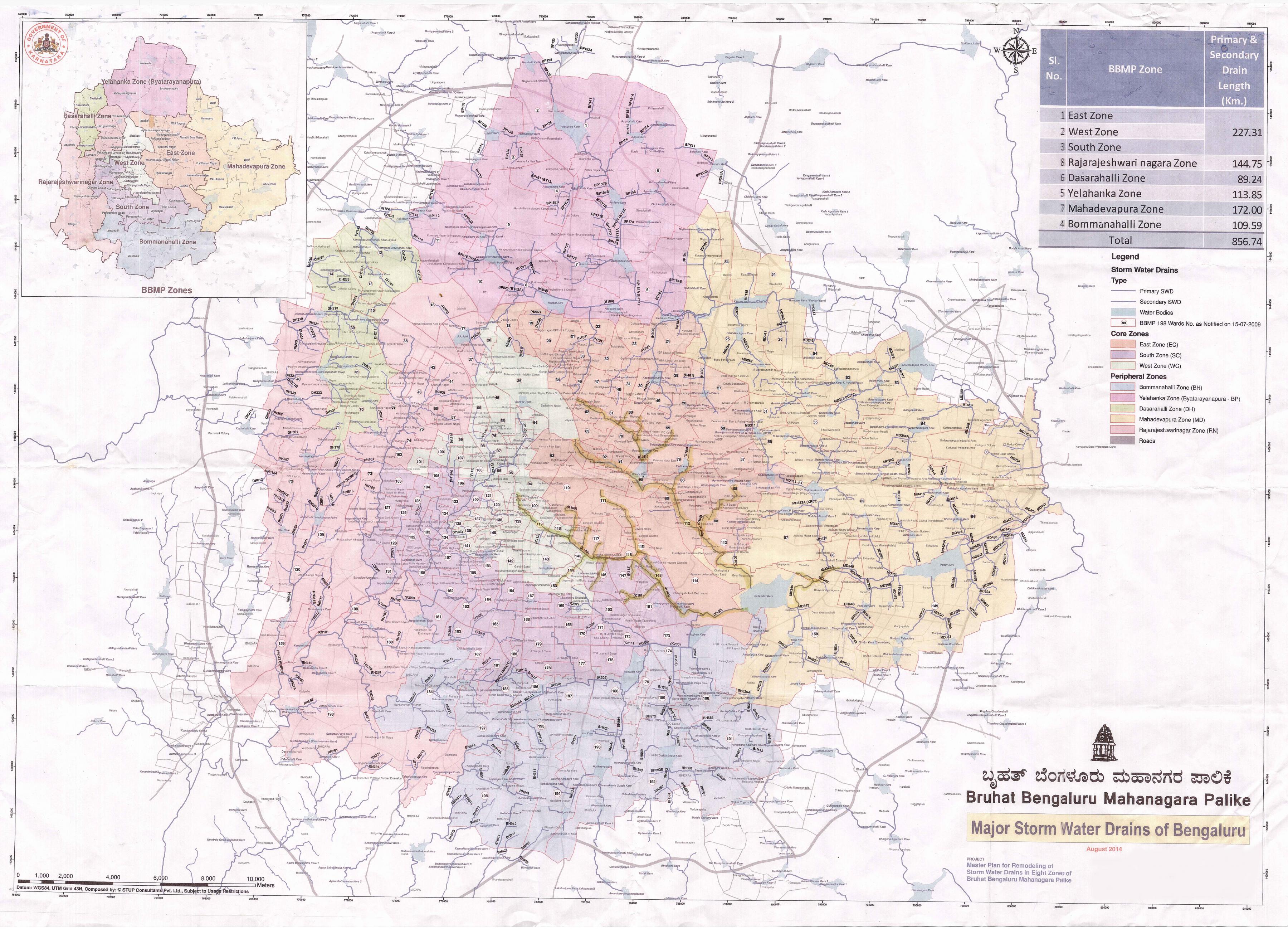 The map above is a representation of the Rajakaluves in Bengaluru Storm water drains are designed in such a way that they are meant to run dry in summer. It is a pathway for only rainwater to flow and are connected to lakes. Image source : BBMP.